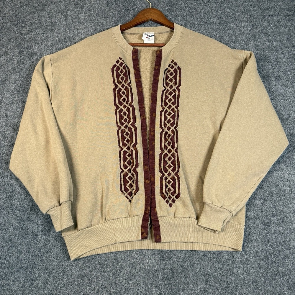 🧶 Vintage Jerzees Custom Celtic Knot Open Cardigan Sweatshirt Boho Tan XL 90s